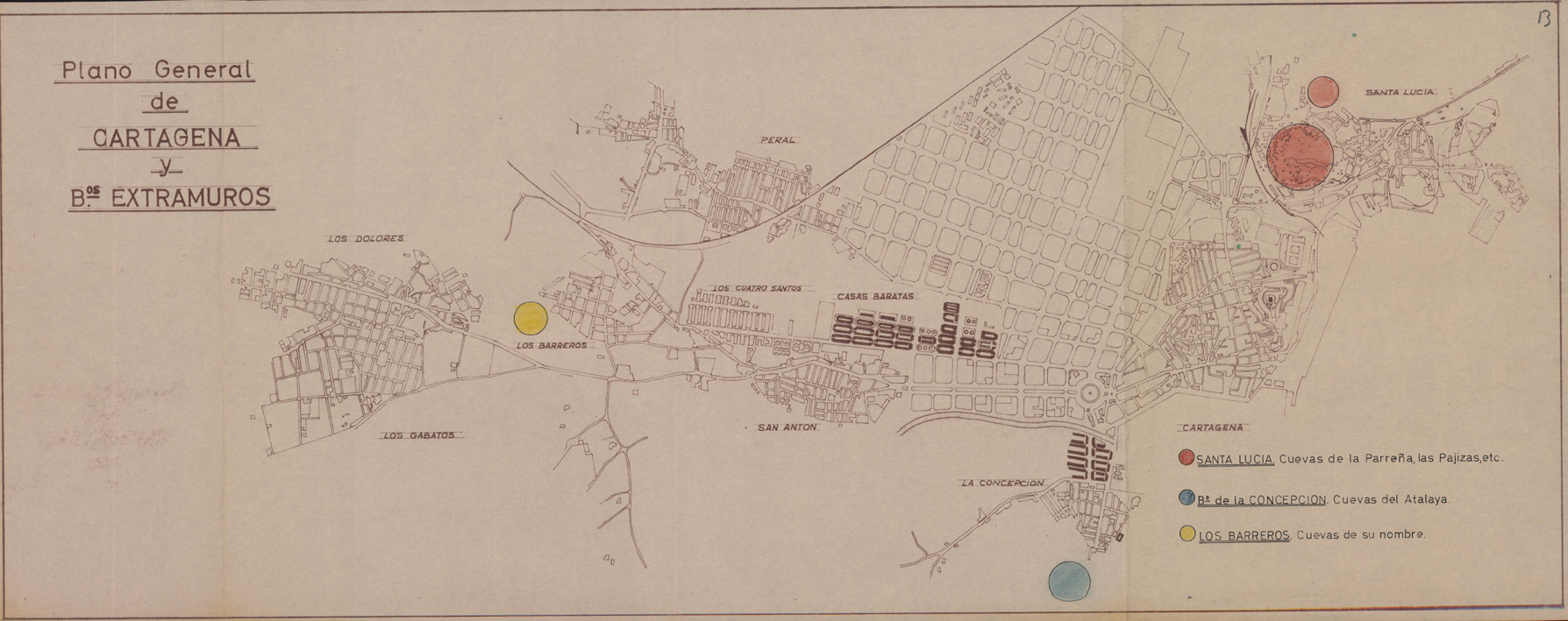Plano de Cartagena y barrios extramuros con expresión de las cuevas de Barrio de La Concepción, Los Barreros y Santa Lucía.